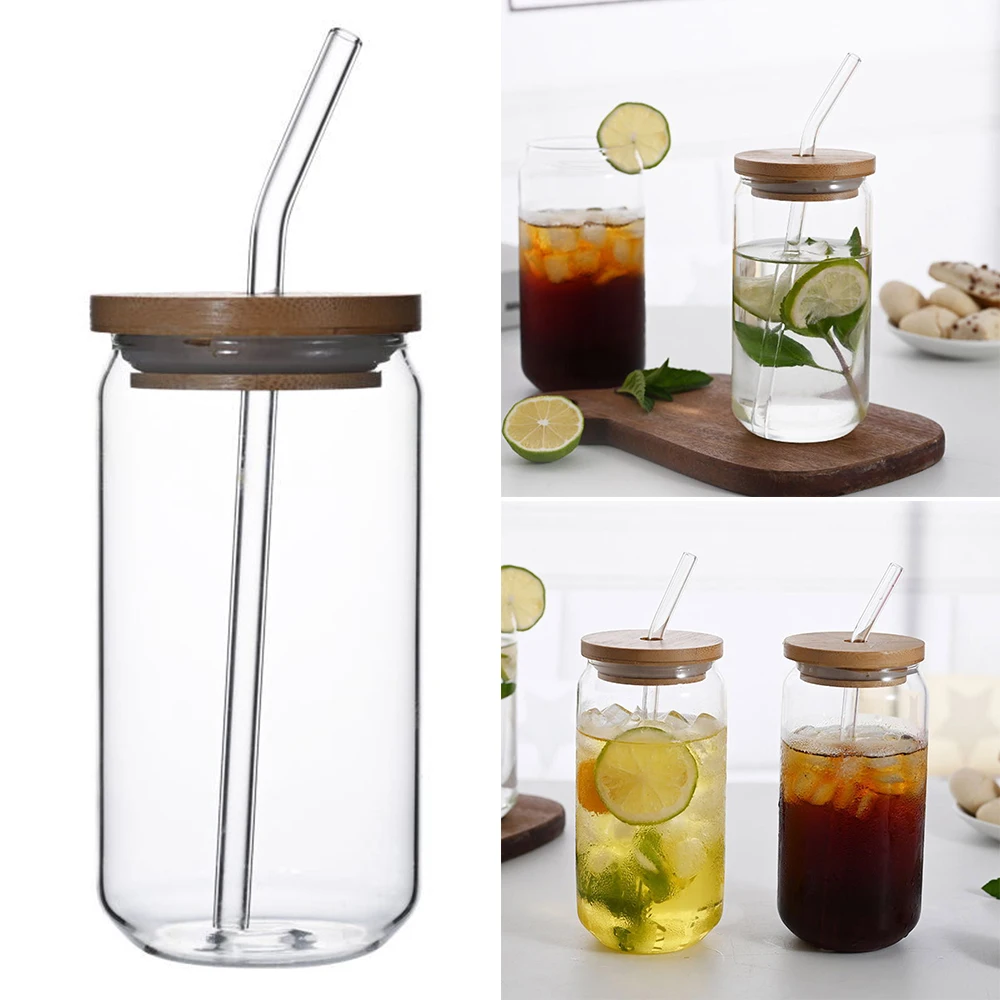 

470ml/550ml Glass Cup with Bamboo Lid and Straw Bubble Tea Cup Glasses Cups Transparent Beer Can Coffee Cup Cold Wine Cola