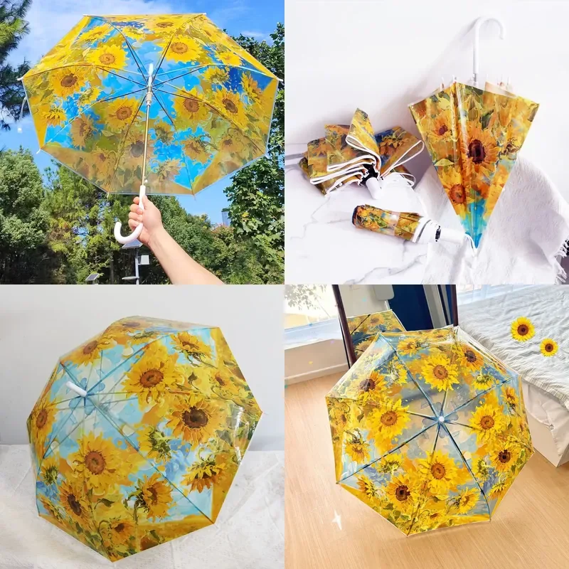 POE Transparent Straight Umbrella Sunflower Oil Painting Long Handle Manual Sun Resistant Customizable for Photography Gifts