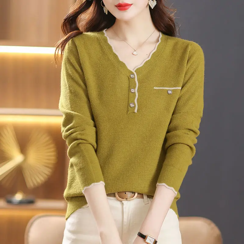 New Autumn and Winter Women Korean Fashion Elegant Knitted Sweater Female V-neck Slim Solid Long Sleeve Knitwear Pullover Jumper