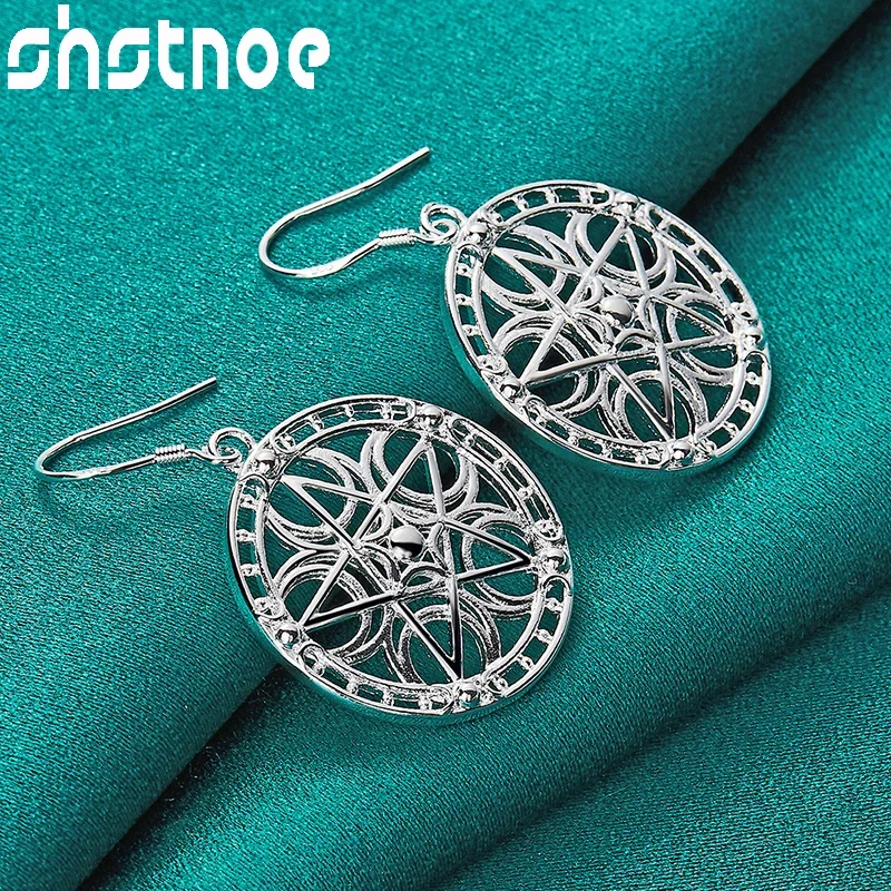 

SHSTONE 925 Sterling Silver Round Star Pattern Drop Earrings For Women Party Engagement Wedding Birthday Gift Charm Jewelry