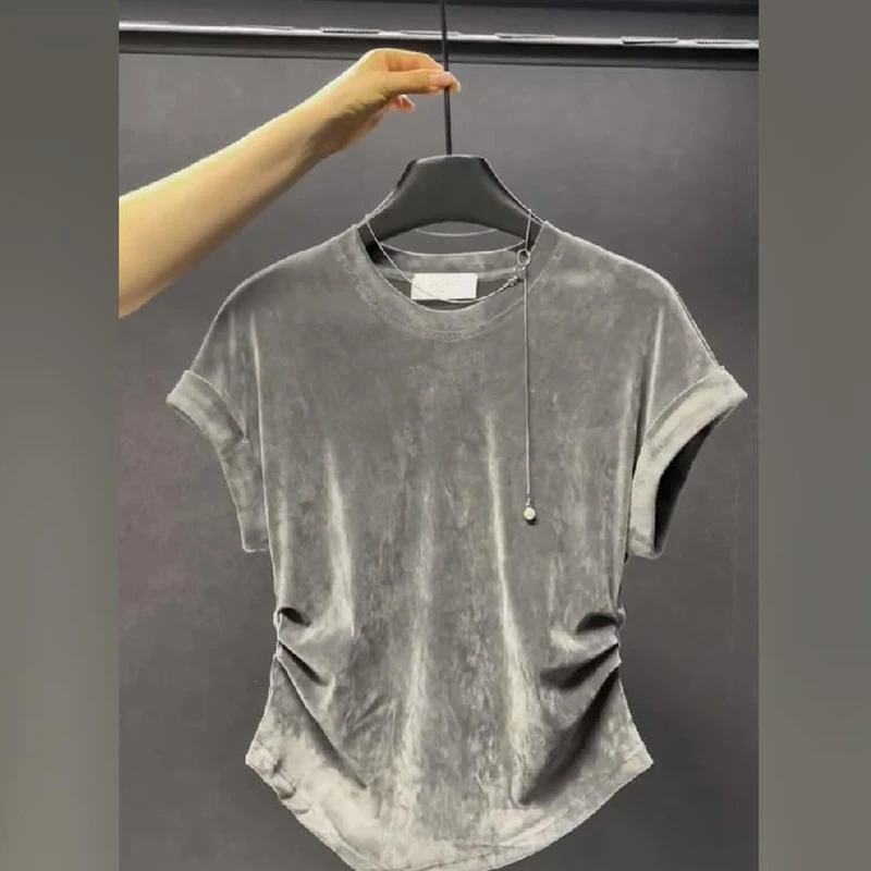 Short-Sleeve T-shirt Women's Pure Gray Slim Fit All-Match Fashionable Design New Pleating Top Simple Spring and Summer High-End