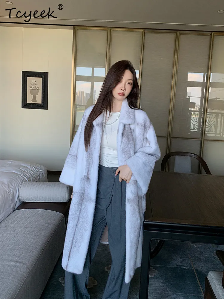 Tcyeek Sliver Cross Mink Fur Coat Women Natural Whole Mink Mid-length Jackets Woman Fashion Winter Clothes New Fourrure Femme