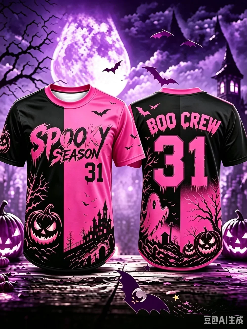 Pink Black Split Halloween 3D Printed Jersey Spooky Season Boo‑Crew 31 T-shirt  Pumpkin Ghost Bat Gothic Fall Party Sports Tees