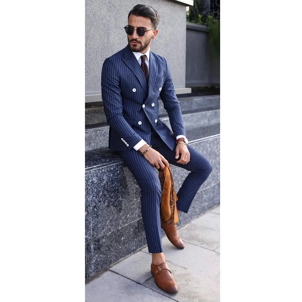 

Navy Blue Striped Men Suits 2 Piece Formal Peak Lapel Double Breasted Blazer Set Fashion Business Casual Wedding Tuxedo Slim