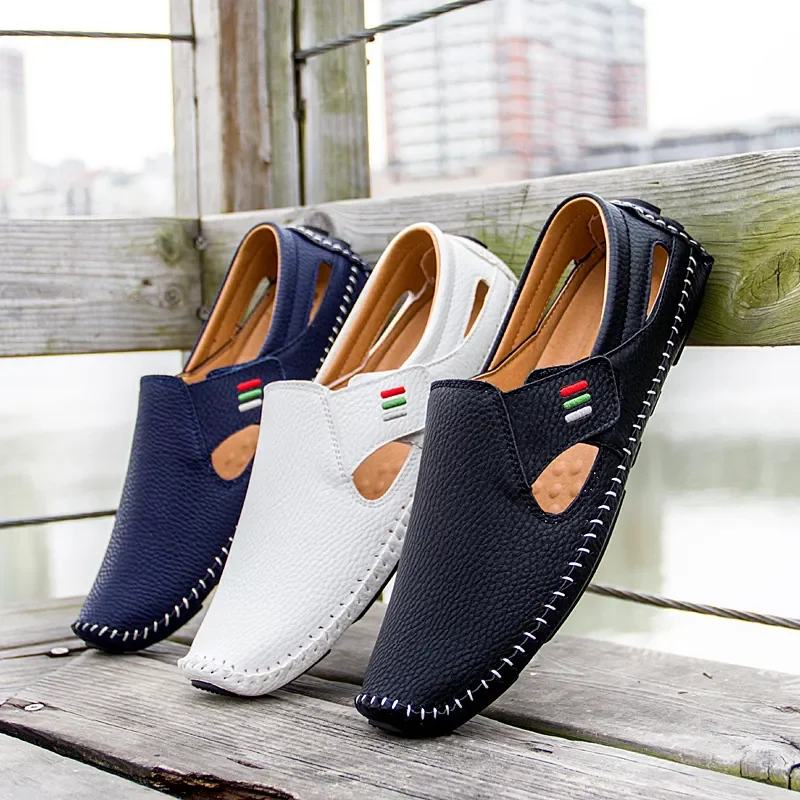 Breathable Leather Shoes Men Casual Loafers Brand Design Handmade Men Flats Soft Leather Moccasins Boat Shoes Zapatillas Hombre