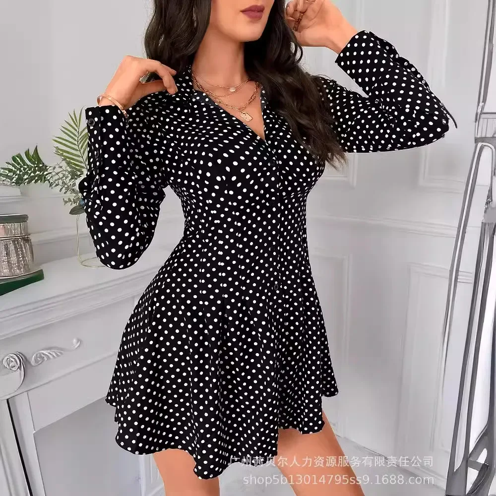 Women Dots Printed Long Sleeve Shirt Button Single Breasted Mini Bodycon Dress