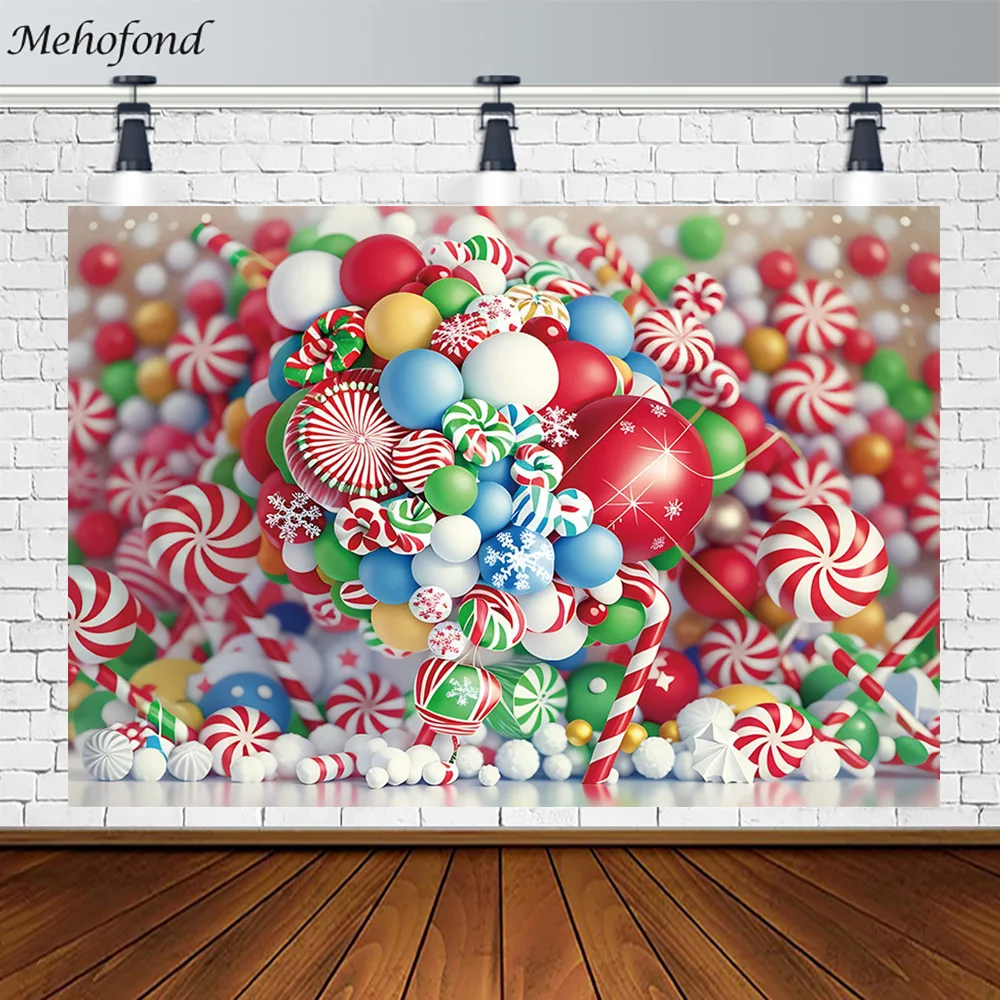 

Mehofond Christmas Candy Cane Backdrop Kids Portrait Photography Background Snowy Balloons Decor Photo Studio Photocall Props