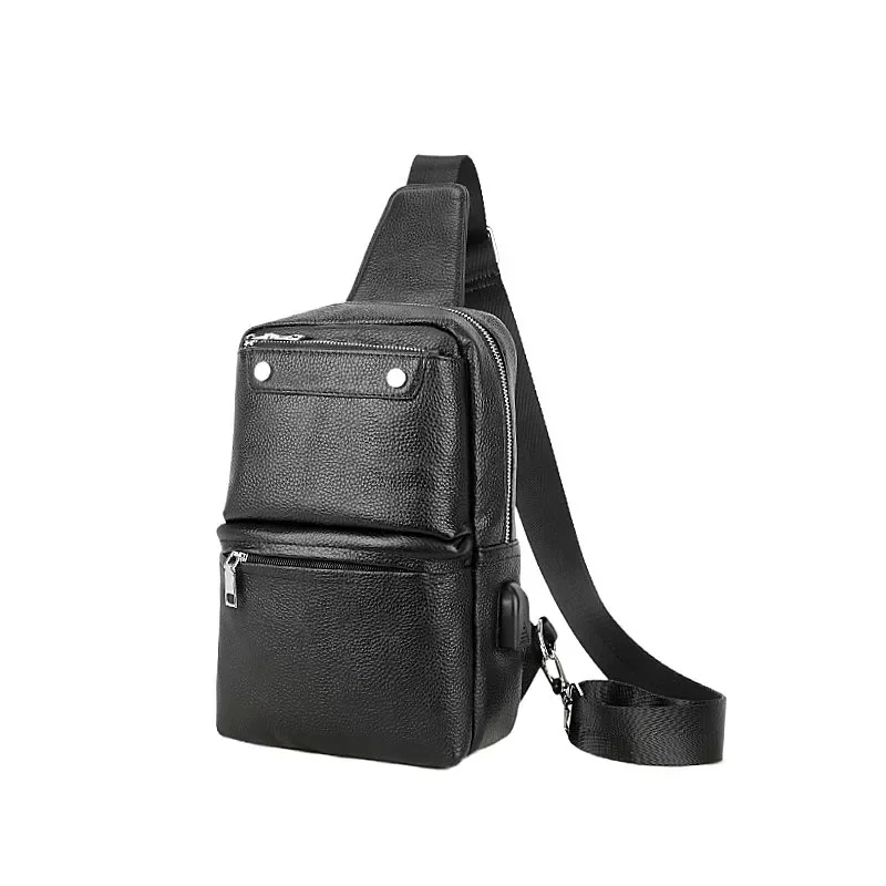 New 100% Cowhide Leather Casual Fashion Crossbody Chest Bag Men's Leather Bag USB Charging Travel Shoulder Bag Daypack Male