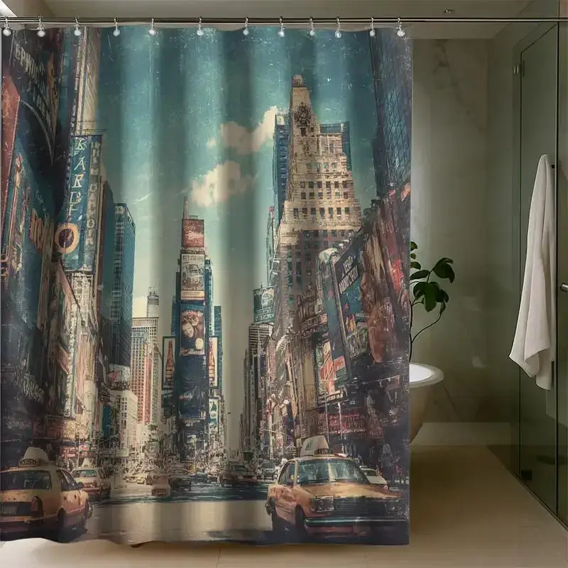 Waterproof Polyester Shower Curtain Liner NYC Cityscape Art Bathroom Decor Modern Urban Retro New York Style Master Bathroom Sho