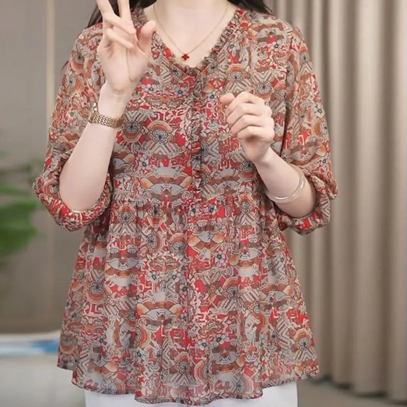 

Commute V-Neck Loose Spliced Blouse Summer Thin Fashion Folds 3/4 Sleeve Prairie Chic Female Clothing Vintage Folk Printed Shirt