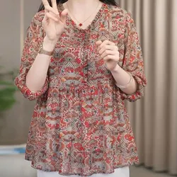 Commute V-Neck Loose Spliced Blouse Summer Thin Fashion Folds 3/4 Sleeve Prairie Chic Female Clothing Vintage Folk Printed Shirt