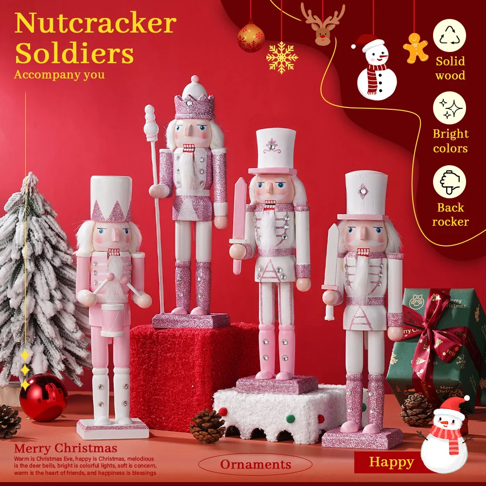 30CM Holz Nussknacker Soldat Figur Puppe Rosa Glitter Soldat Puppe Spielzeug Handwerk Ornament Weihnachten Home Office Dekoration