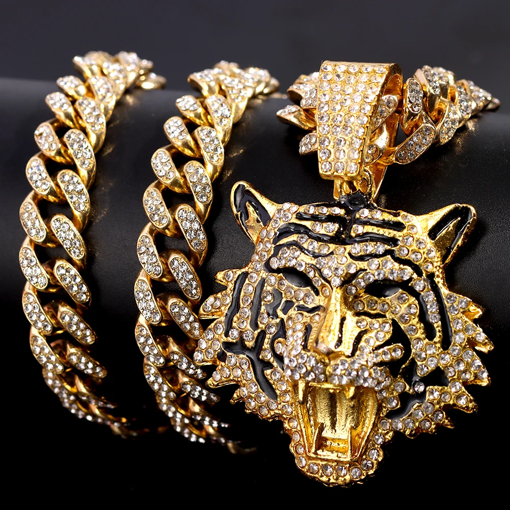 

HipHop Tiger Pendant Necklace for Men Women Iced Out Cuban Link Chains Luxury Crystal Cuban CZ Stainless steel Necklaces Jewelry