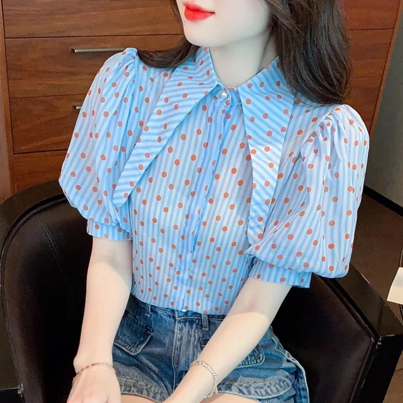 Fashion Summer Polka dot Print Elegant Shirts Loose Turn down Collar Short Puff Sleeve Blouses Vintage Casual Blue Tops 27484