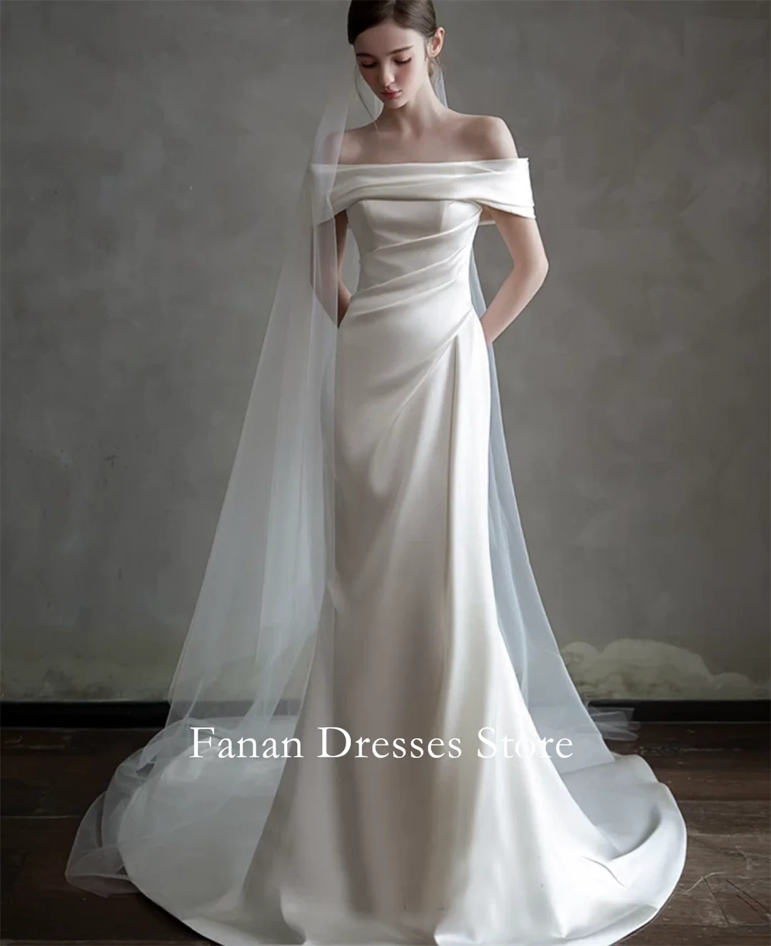 FANAN Short Sleeves Off Shoulder Vintage Simple Elegant Satin Wedding Dresses 웨딩드레스 Ivory Customized Pretty  Bride Dresses