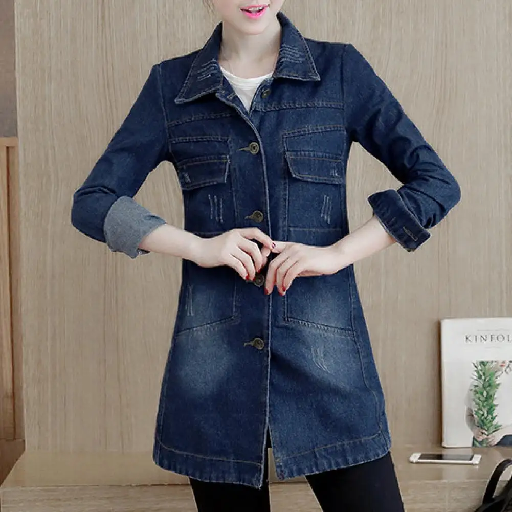 Women Single Breasted Long Denim Jacket Irregular Hem Mid-Length Turn-Dwon Collar Flap Pockets Ladies Slim Coat Women Outwear