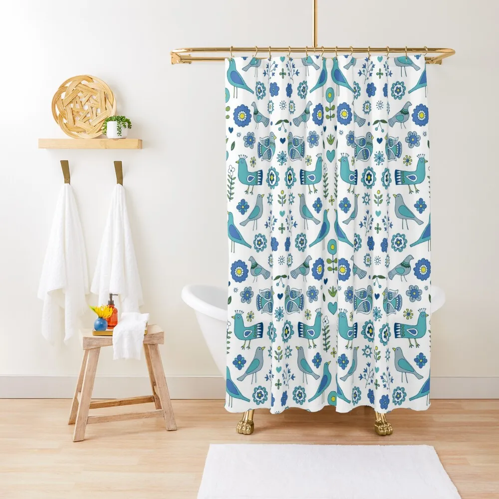 

Scandi Folk Birds - blue and white - Scandinavian folk art pattern by Cecca Designs Shower Curtain Anime Shower Curtain