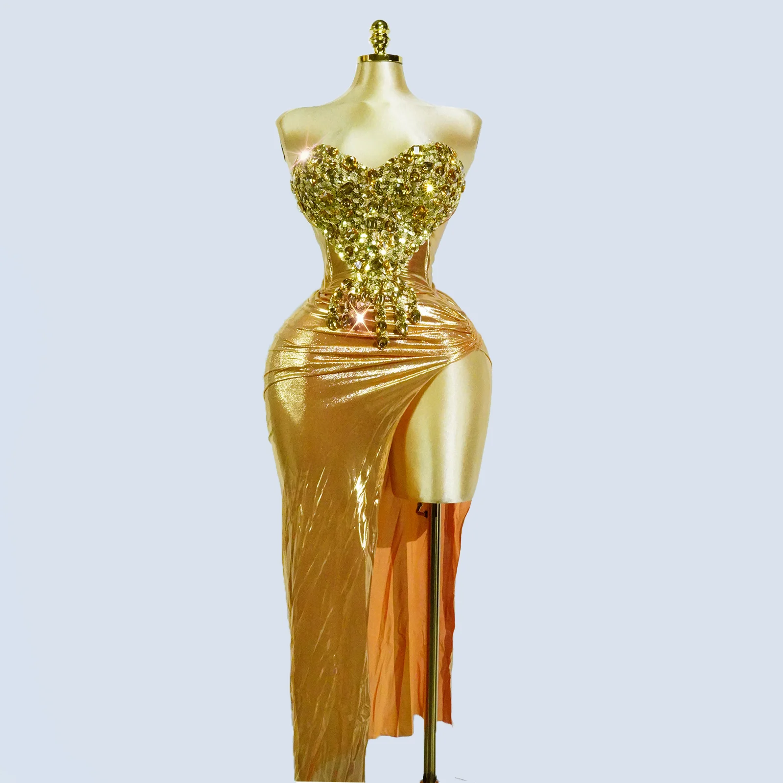 

Sexy Golden Rhinestones High Split Dress Corset 2 Piece Top Skirt Event Costume Women Stage Dance Suit Singer Drag Queen Clothes