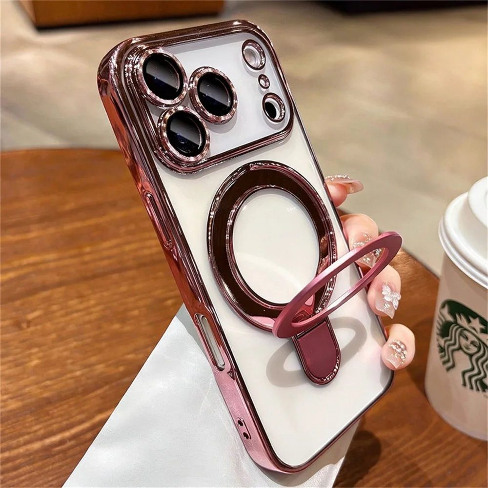Luxury For Magsafe Bracket Case For iPhone 18 17 16 15 14 13 12 Pro Max 16 Plus Magnetic Ring Stand Holder Clear Acrylic Cover