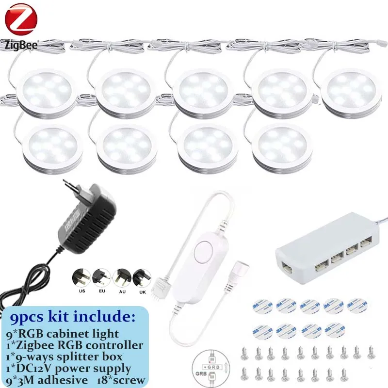 DC12V Tuya Zigbee LED Ronde Onder Kast Licht Kit RGB Kleurverandering Dimmen voor Keuken Plank, Spraakbesturing Google Alexa Echo