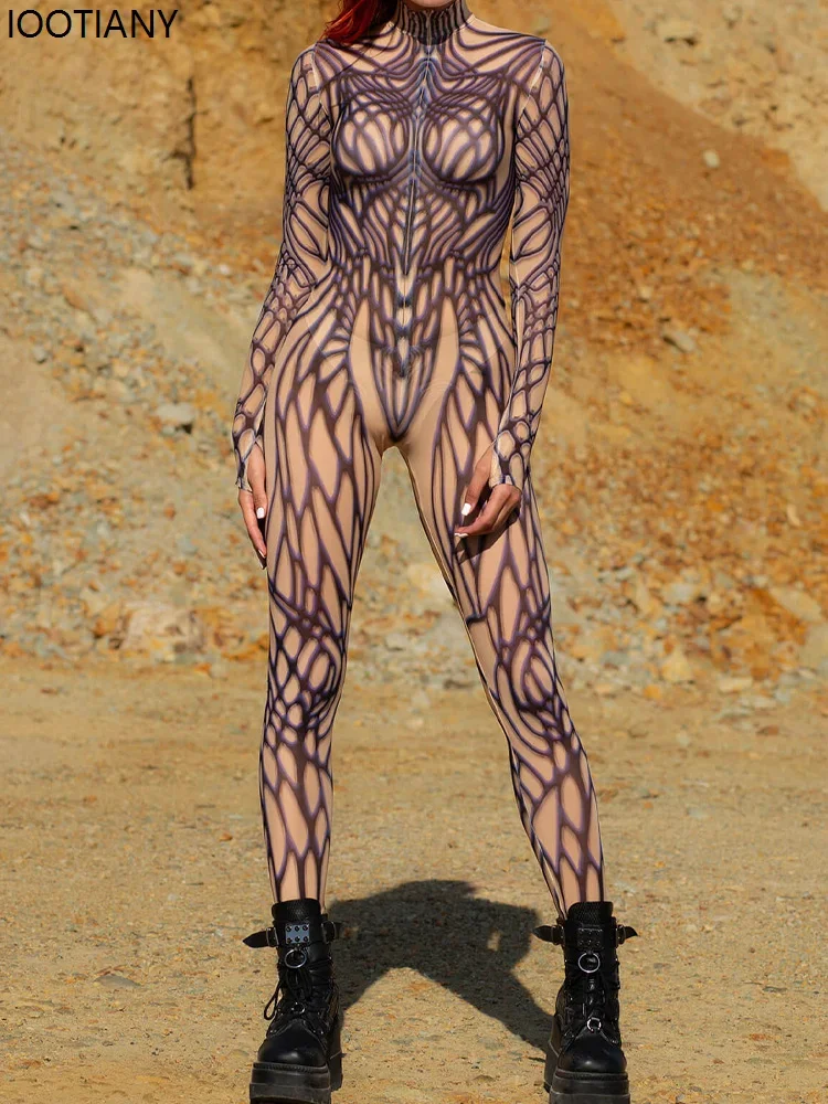 CosplayWomen Psychedelic Mesh Cosplay Jumpsuit Halloween Catsuit Mesh Festival Party Zentai Suit Rave Unique Suits Burning Man B