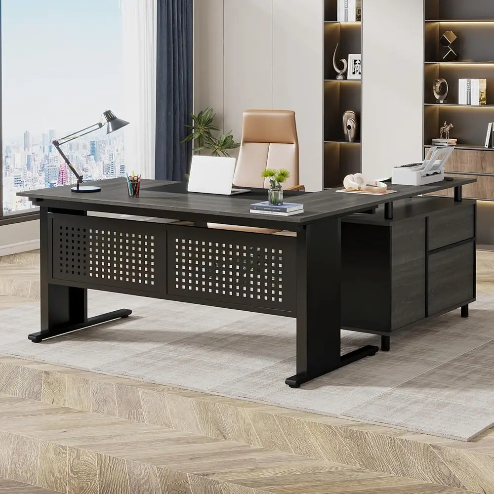 

63 H Executive Desk With File Cabinet, Large Office Desk L Shaped Computer Desk With Drawers And Storage Shelves, Busin