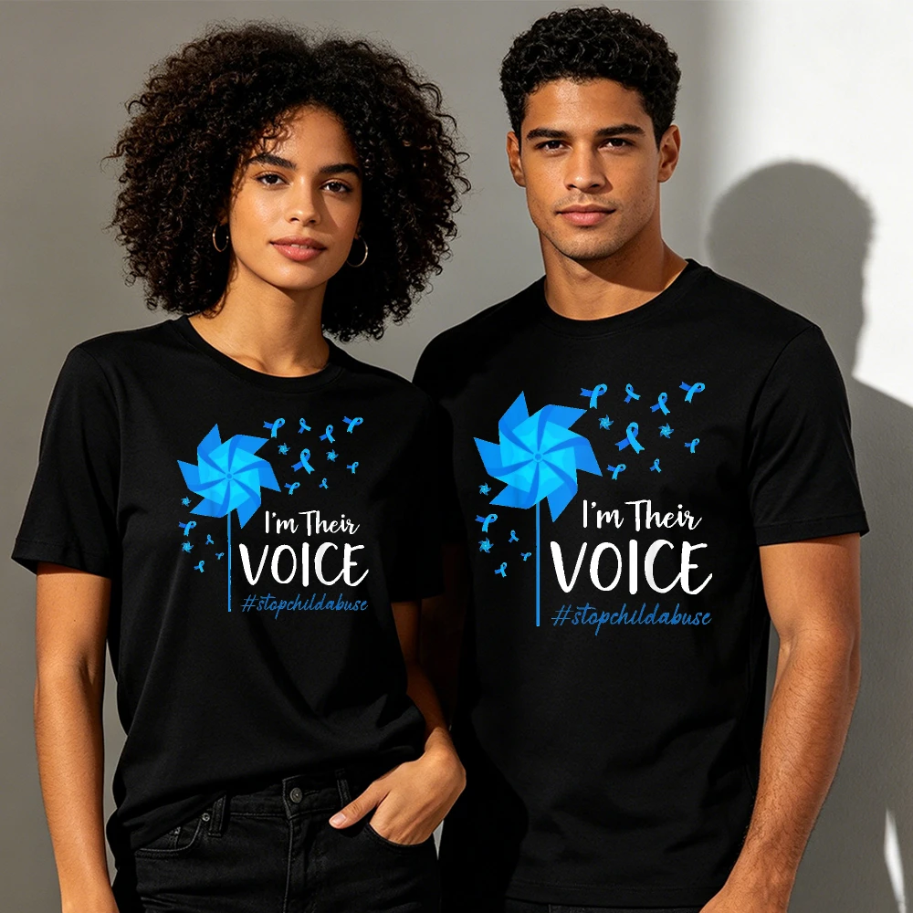 I'm Their Voice Blue Pinwheel Stop Child Abuse Awareness Unisex Summer Short Sleeve T Shirt Ribbon Support Graphic Tops