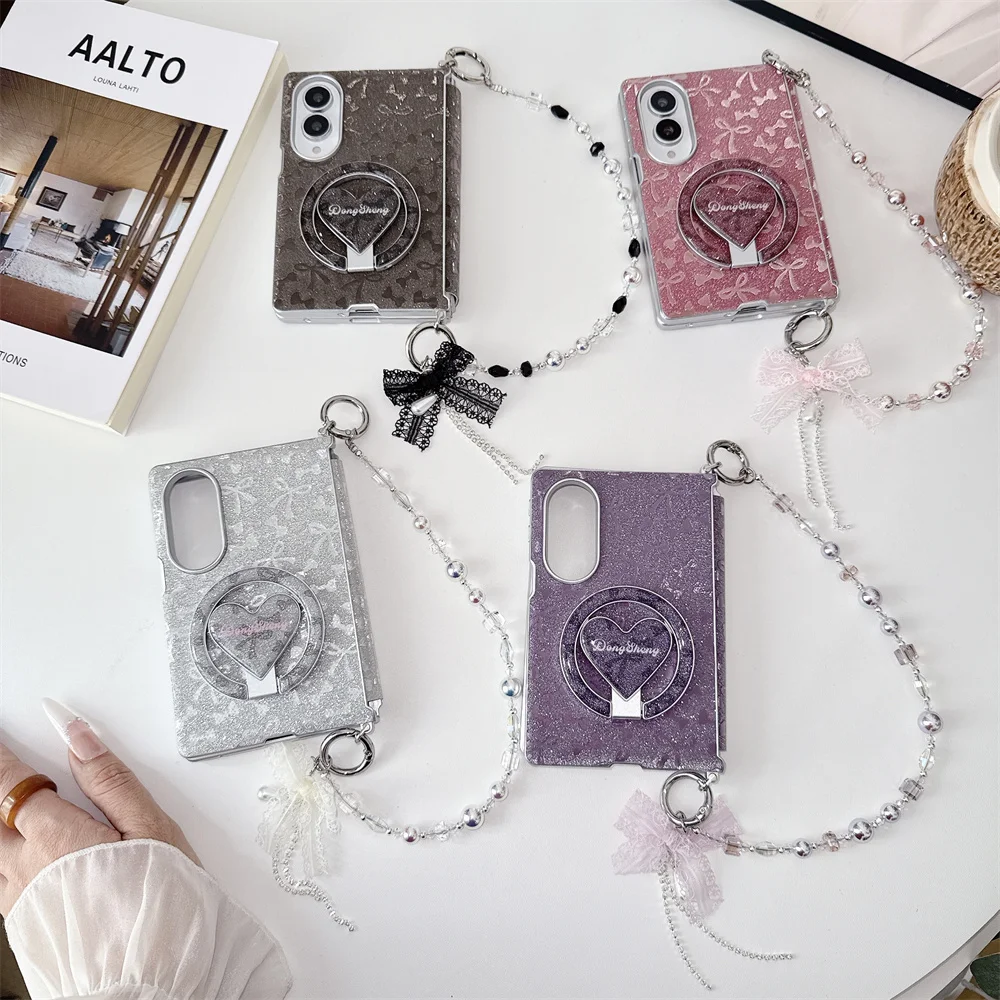 Kawaii Hidden Bow Magnetic Cases For Samsung Galaxy Z Fold 8 Love‑Heart Ring Stand Lace Bow Decor Anti‑Drop Fashion Women Shell