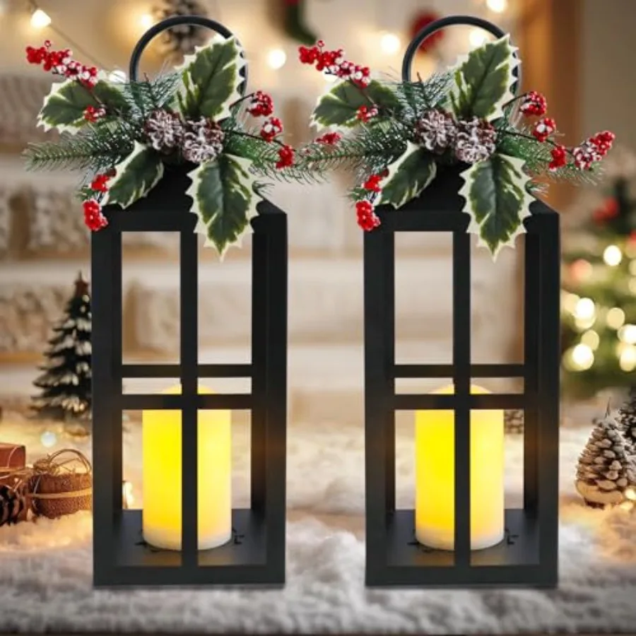 

Christmas Lanterns Decorative Indoor Outdoor 2 Pack Black Christmas Lantern 18 Inch Timer Decorative Candle Lanterns Flameless