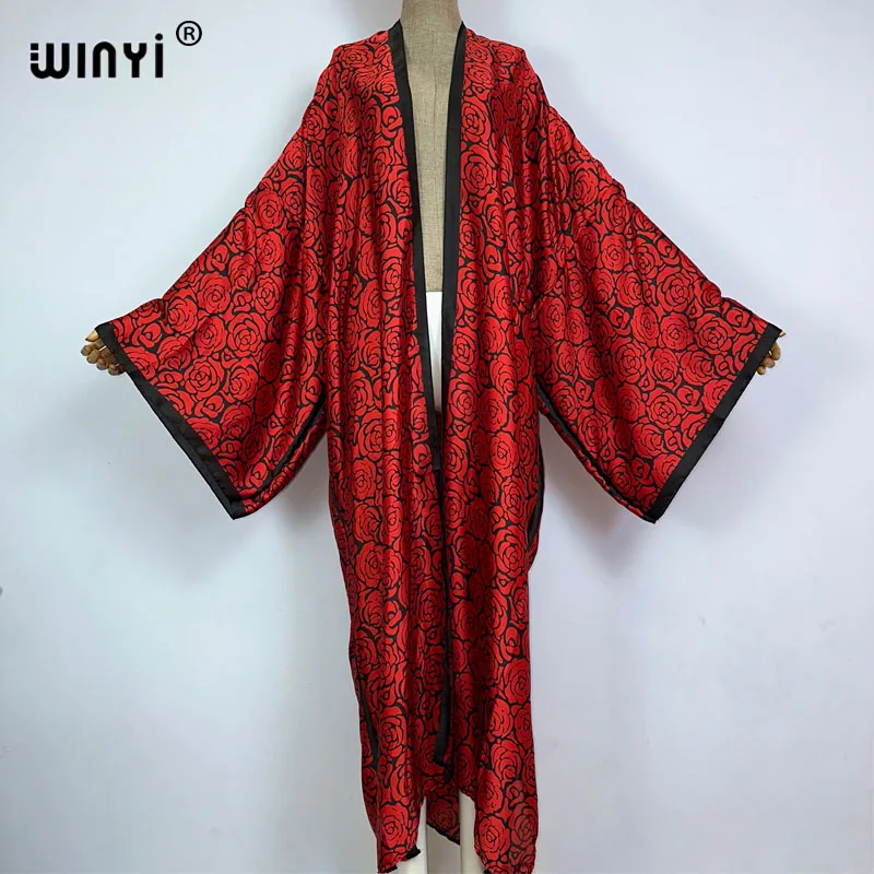 WINYI 2023 new summer beach cover up Retro printing boho Cardigan sexy Maxi Holiday long Sleeve KIMONO Africa silk feeling dress