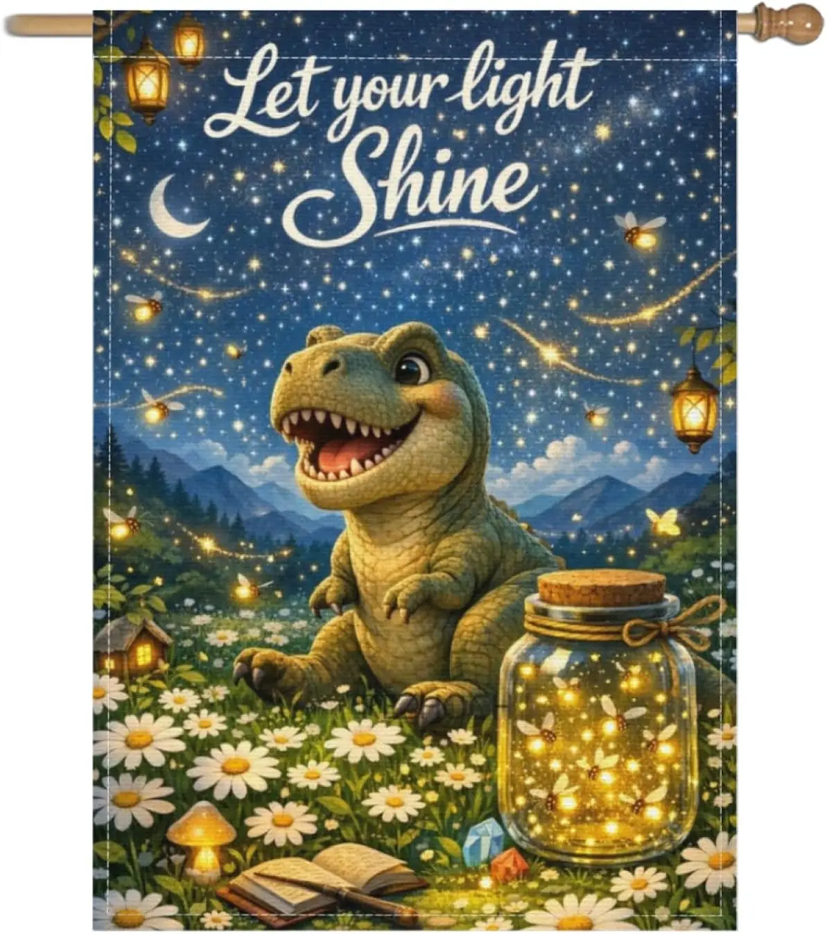 Funny Tyrannosaurus Rex Garden Flag 28x40Inch Double Sided Let Your Light Shine Home Farm Decor,Cute Animal Fireflies Daisie AAS