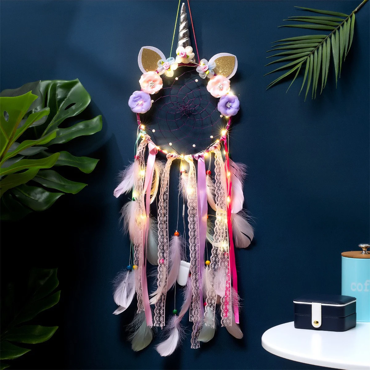 Atrapasueños de unicornio hecho a mano, decoración de encaje de plumas bohemias para dormitorio de niñas, regalo de arte de pared