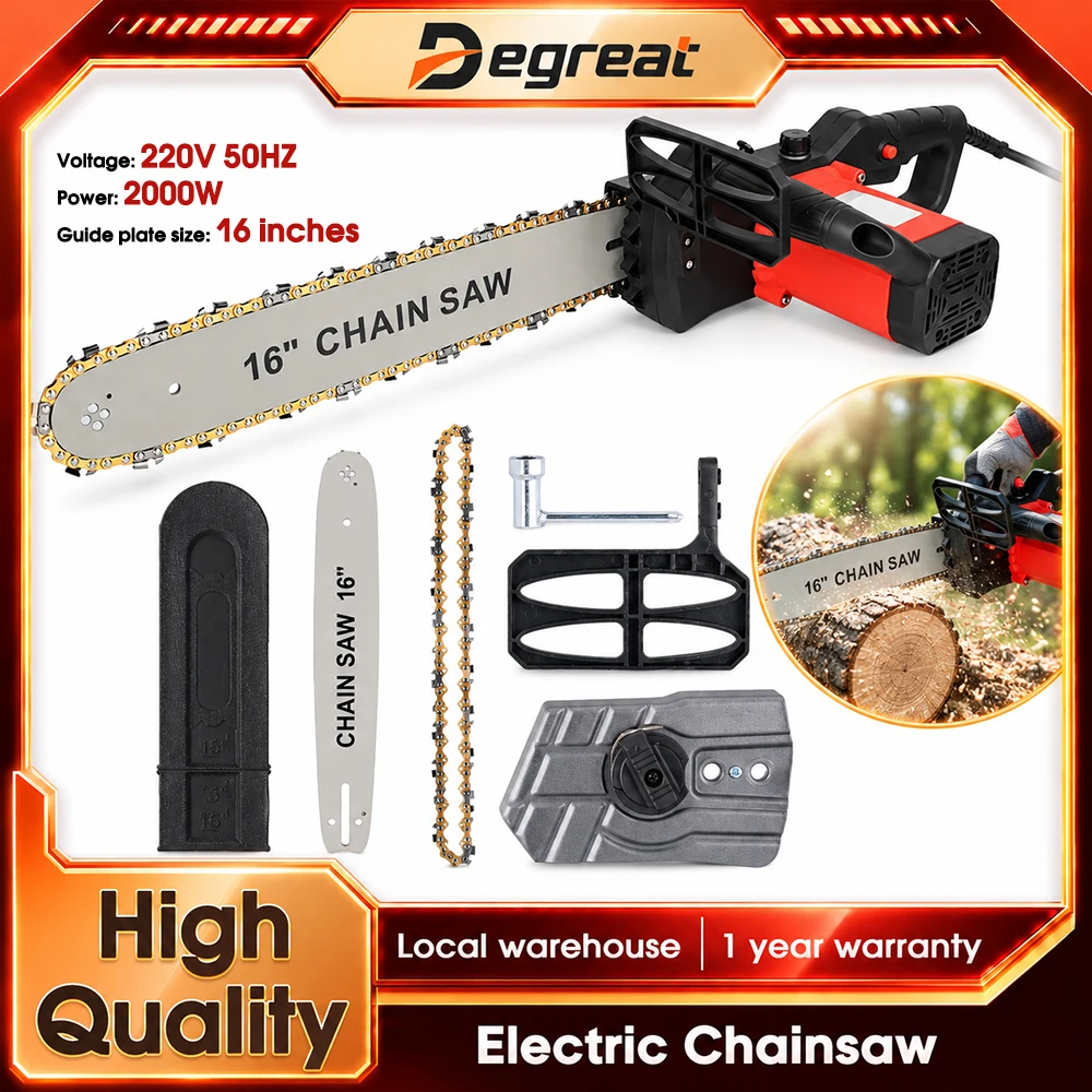 Degreat 16 Zoll 2000W Elektrische Kettensäge, 16" Hochgeschwindigkeits-Kabelkettensäge, Leistungsstarker Motor für Holzarbeiten, Gartenwerkzeug