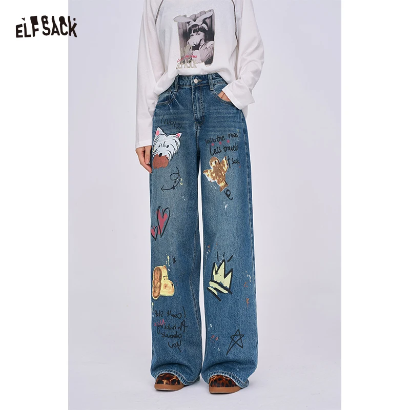 

ELFSACK 2025 Autumn New Arrival Casual Blue Doodle Wide-Leg Denim Loose Straight Pants For Woman