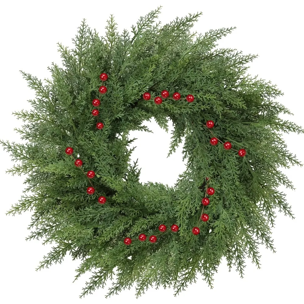 

24" Real-Touch Cedar Wreath – Lush Christmas Door Wreath with Red Berries for Indoor & Outdoor Holiday Decor