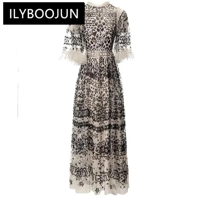 

ILYBOOJUN Spring Fashion Designer Vintage Mesh Party Dress Women's O Neck Half Sleeve Ruffles Sequins High Waist Slim Long Dress