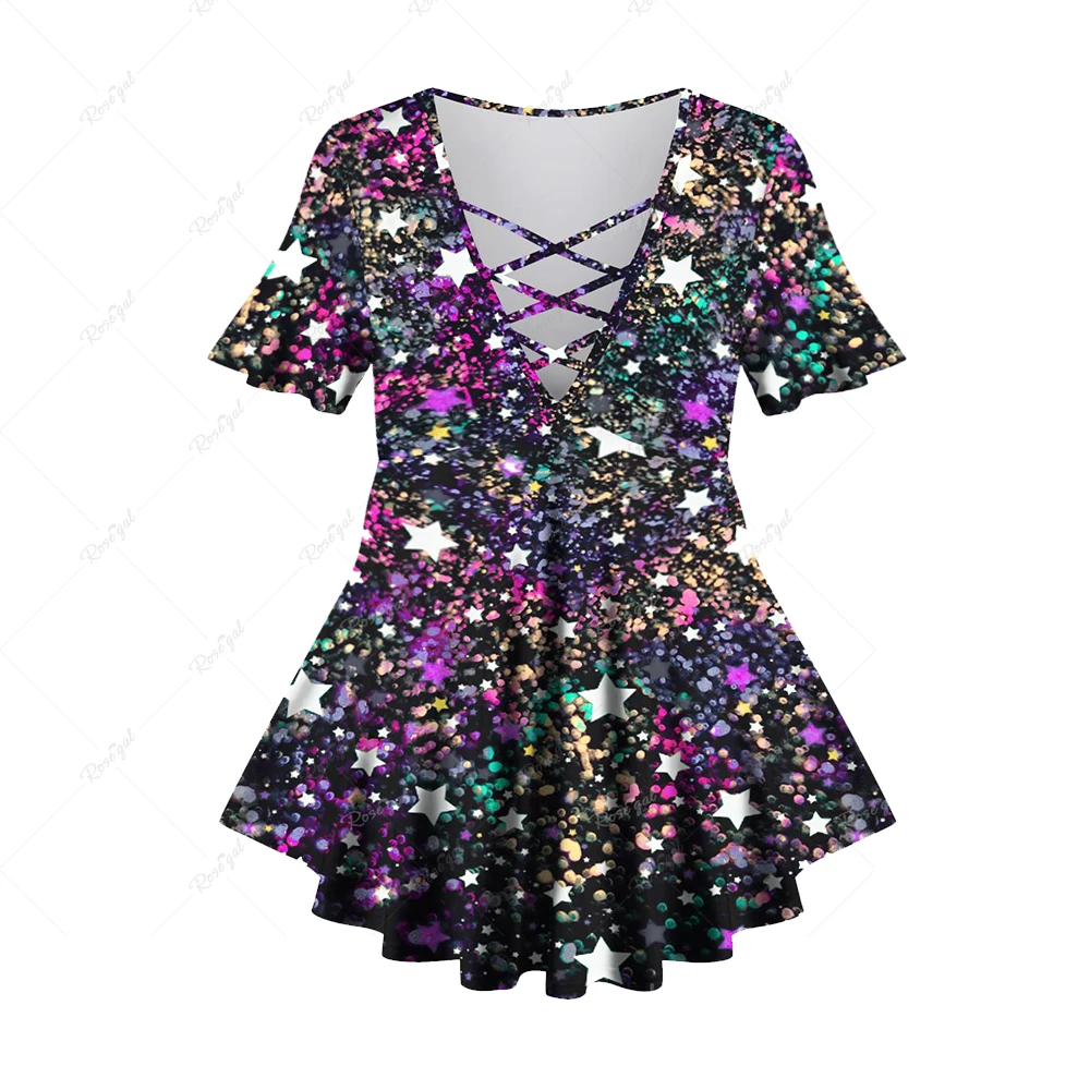 Plus Size Flare Sleeve T-shirt y2k camisetas ropa de mujer ofertas Stars Sparkling Sequin Glitter 3D Printed Lattice Crisscross