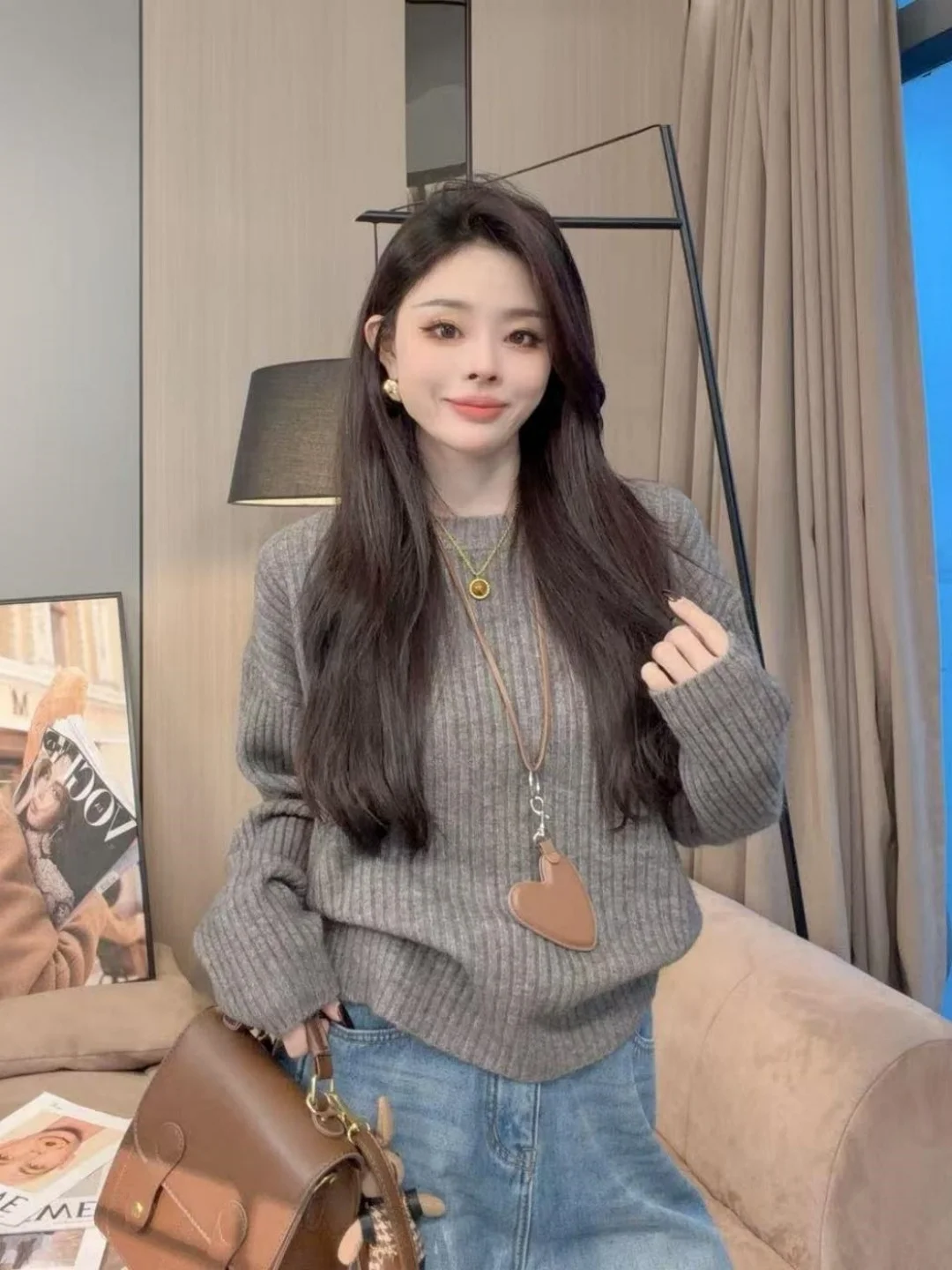 

Faionable Soft Cozy round Ne Pullover Knitted Sweater Women's Loose Slimming Base Layer Top for Autumn Winter Lazy Sle