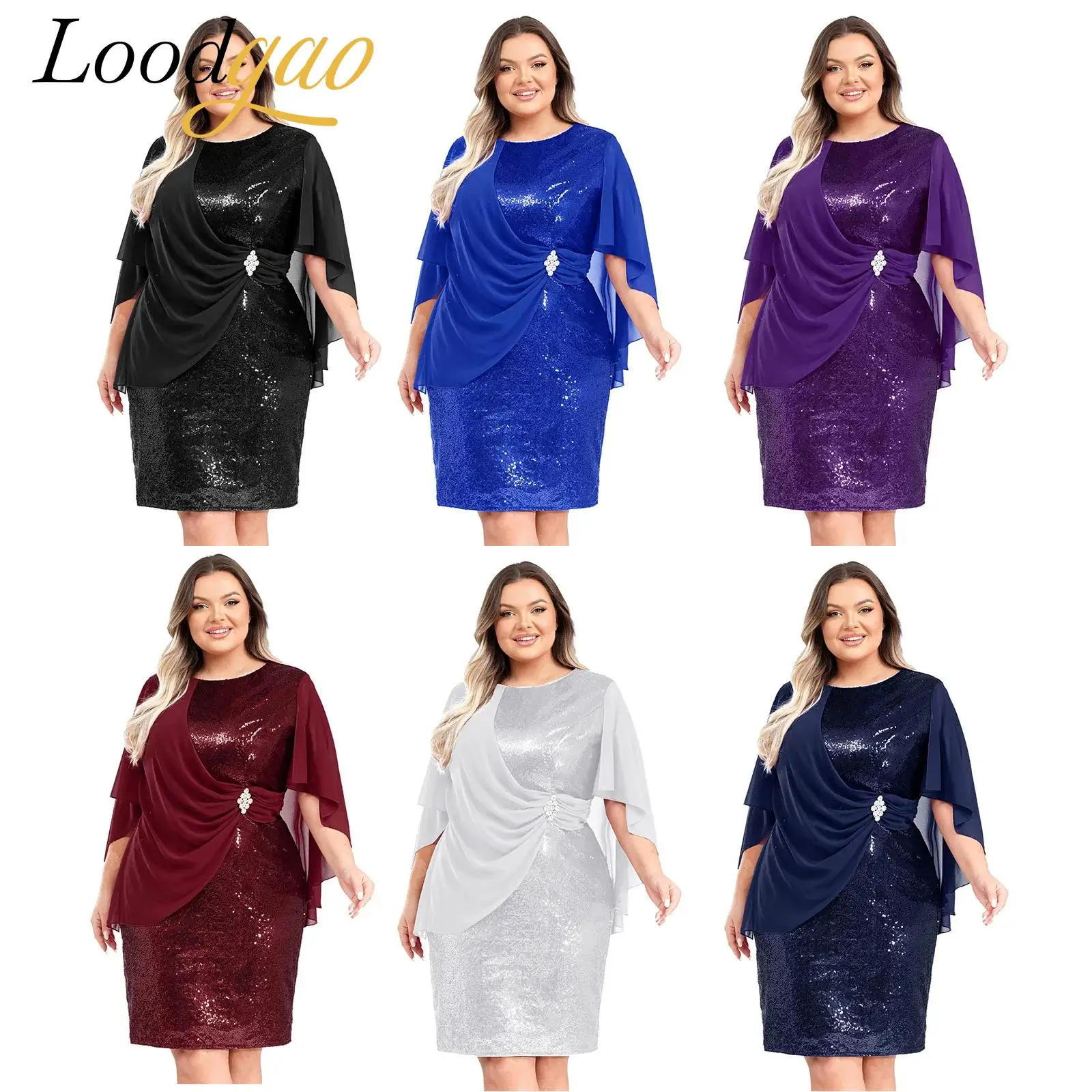 

Fashion Prom Dress Women Ruched Sequin Party Dresses with Chiffon Cape Gown Elegant Banquet Ball Wedding Cocktail Vestidos