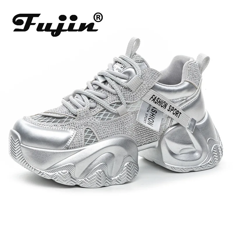 

Fujin 7cm Air Mesh Synthetic Microfiber Genuine Leather Sandals Flats Women Chunky Sneakers Bling Slippers Platform Wedge Shoes