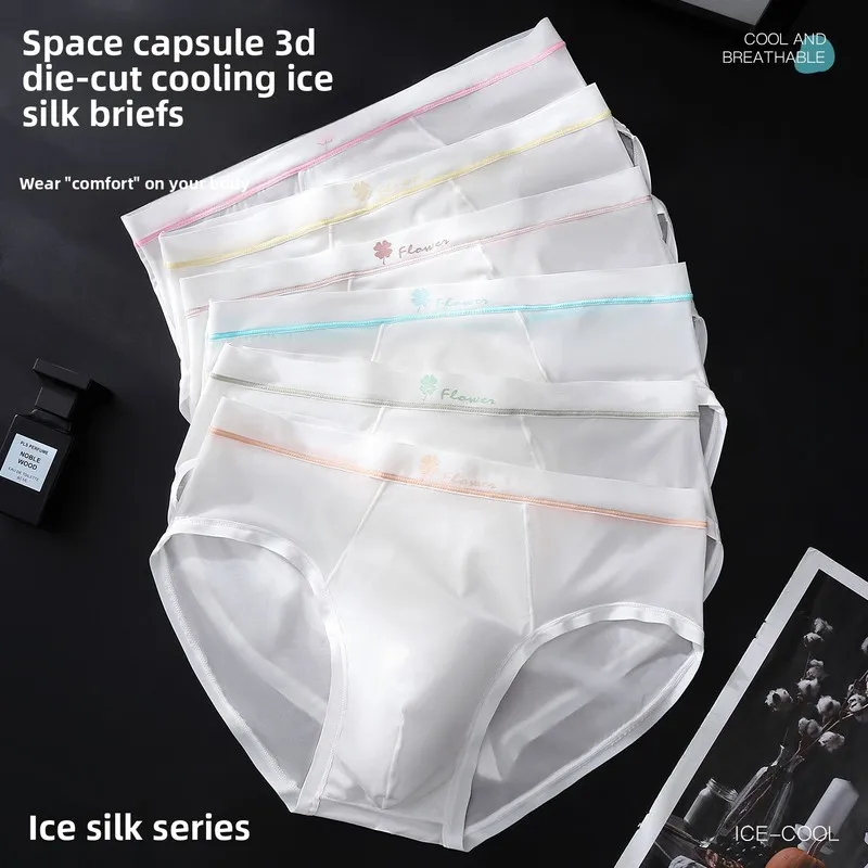 Male Sheer Ice Silk Triangle Briefs Flower Detail Waist Lightweight Breathable Low Rise Soft Men Underpants