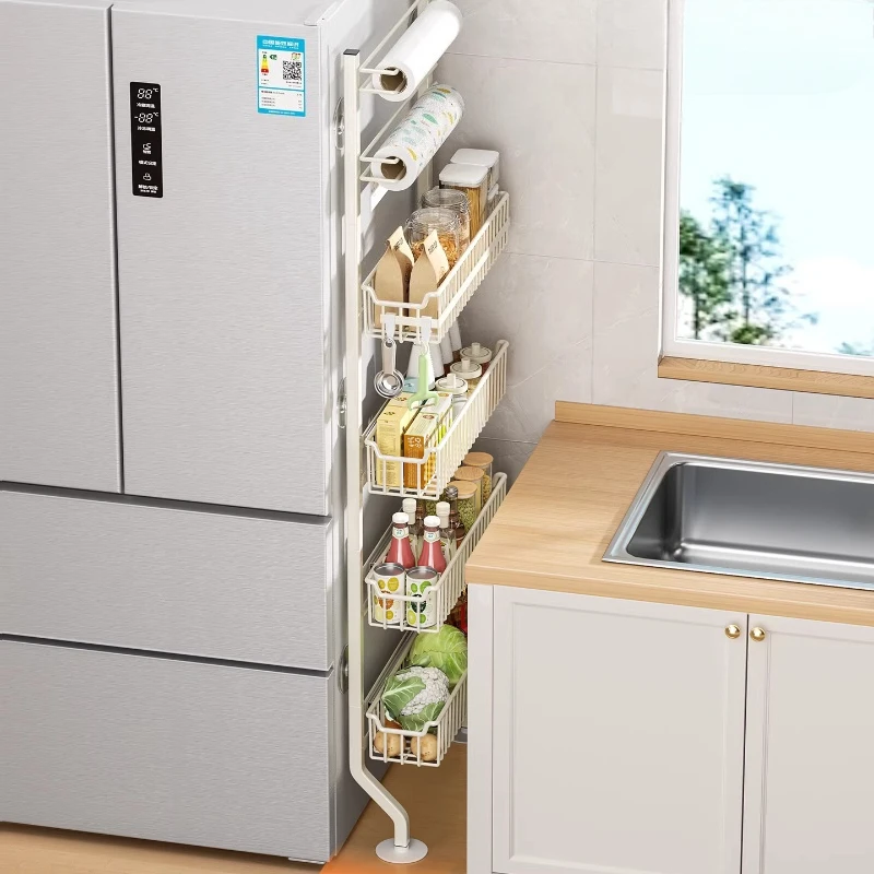 

Narrow Gap Refrigerator Side Storage Rack, No-Drill Slim Pull-Out Drawer Basket, Multi-Layer Kitchen Wall Organizer