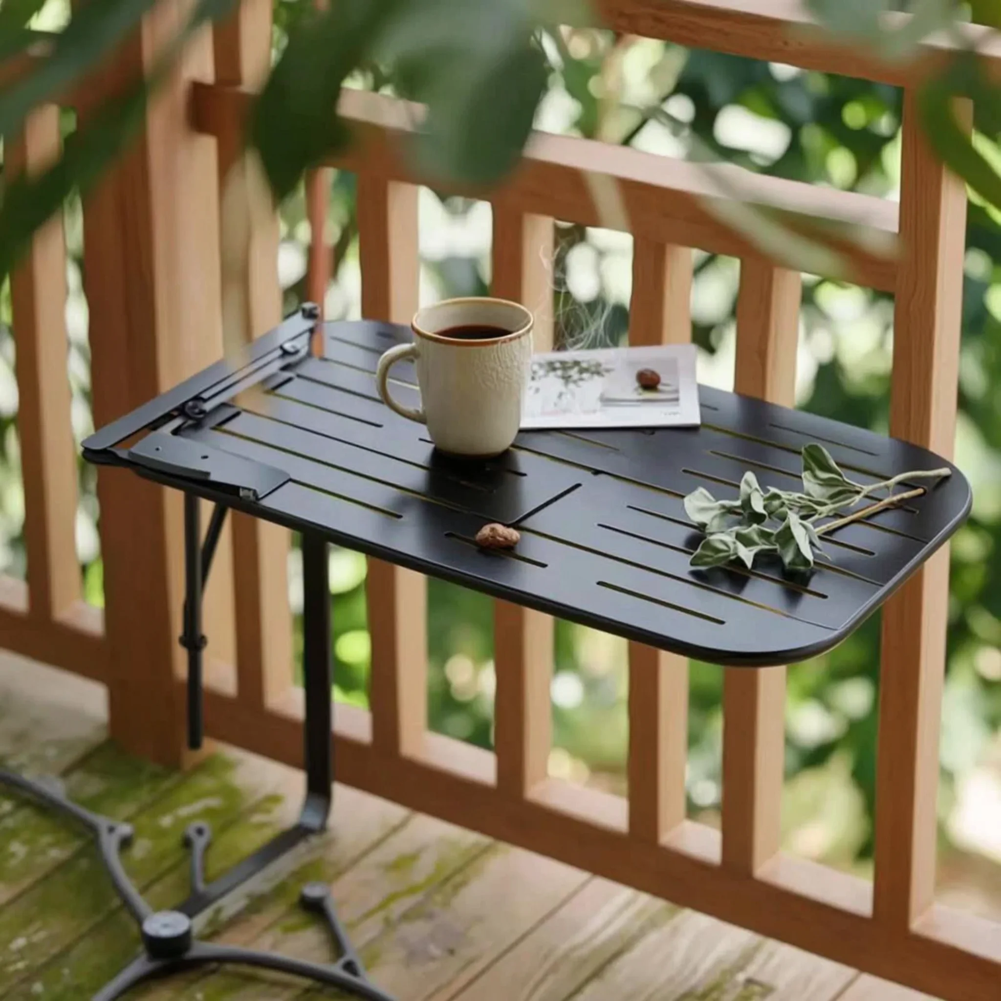Railing-Mounted Table Foldable Folding Balcony Table Railing Shelf Stable Furniture Compact for Patio, Apartment