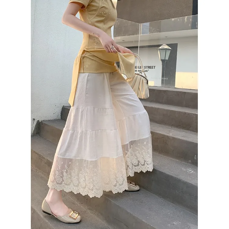 Lace Trim Underwear Pants Women's Base Layer Mesh Overlap  Wide Leg Pants Skirt Anti Exposure Seamless Bottoms