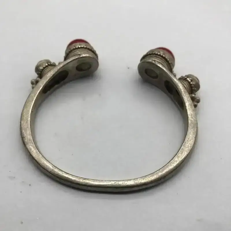Handmade Tibetan Silver Cuff Bracelet Inlaid Red Gemstone Ethnic Vintage Open Bangle Collectible Jewelry Gift