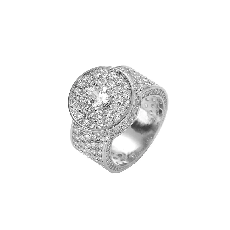 Men's Wide Full Pave Zircon Ring, Stereo Round Hip Hop Rock Rap Style, Exquisite Fashion Party Jewelry Gift