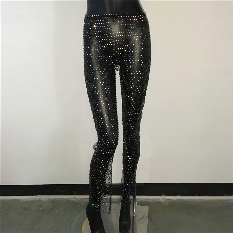 Crystal Diamond Shiny Women Pants Sexy Hollow Out See Through Fishnet Elastic Trousers Fashion Summer Beach Party Club Pant