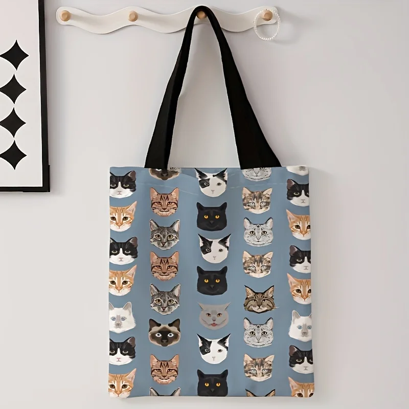 Cat Pattern Double-Sided Print Casual Tote Bag Reusable Fashionable Multifunctional Handbag Letter Print Shopping Storage Pouch