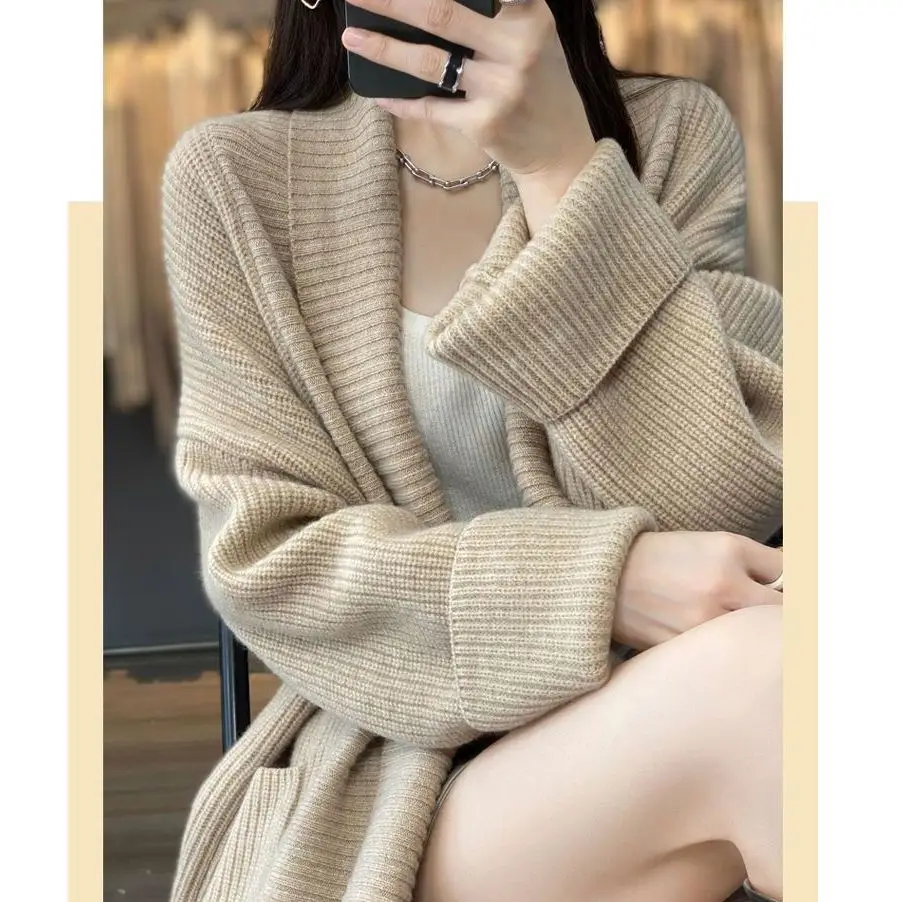 Cardigan de malha coreano médio a longo para mulheres, gola solta, suéter grosso, cor sólida, outono e inverno