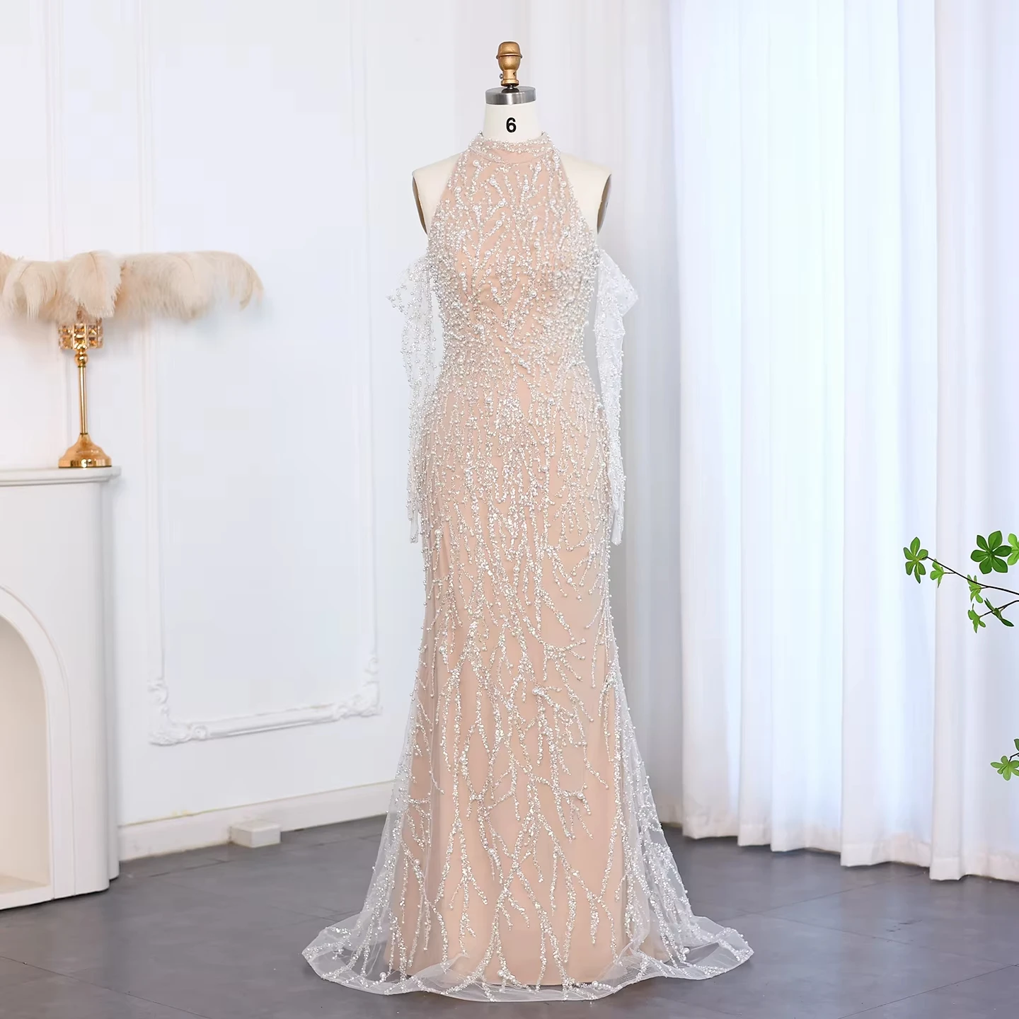 Customized Luxury Dubai Beaded Mermaid Nude Evening Dress With Gloves High Neck For Women Wedding Party Lsz104